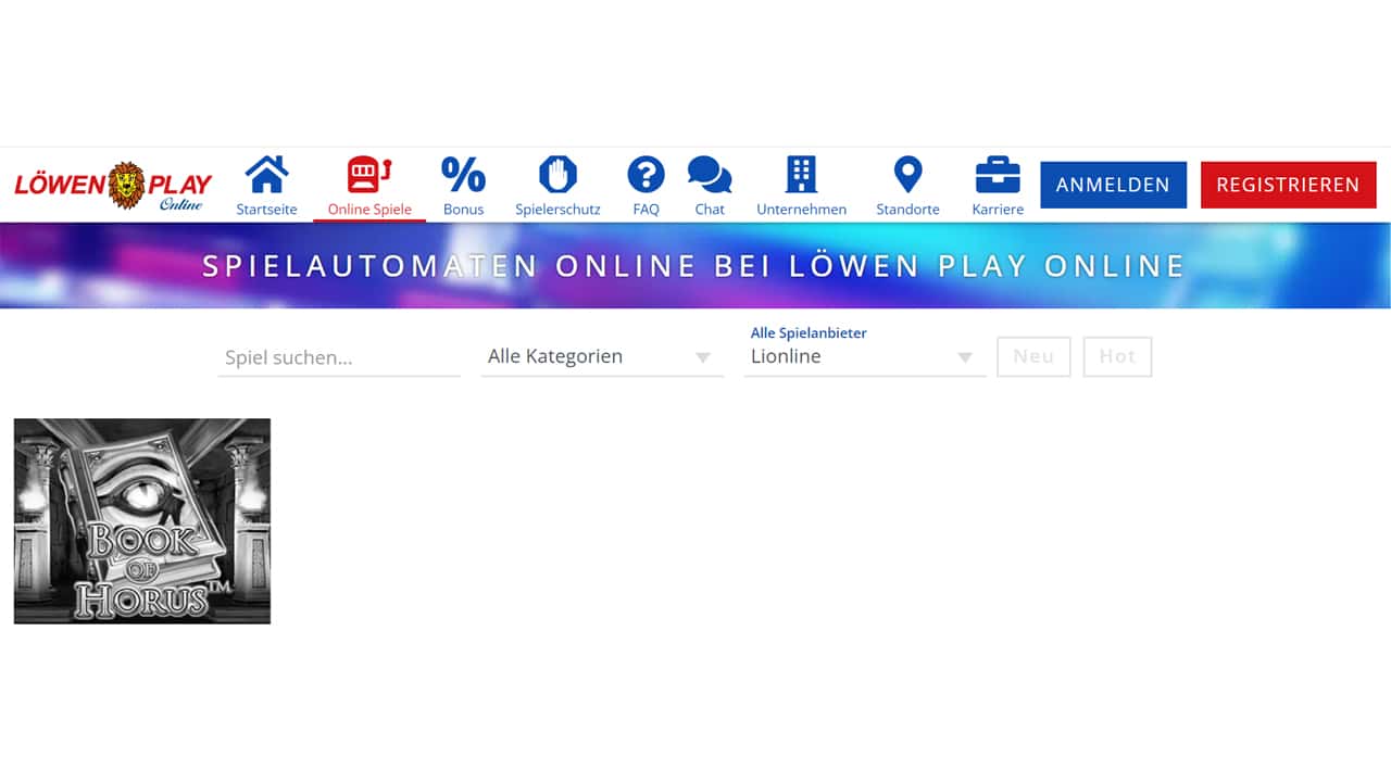 Löwen Play Online Casino mit deutscher Lizenz und Book Horus Spielautomaten