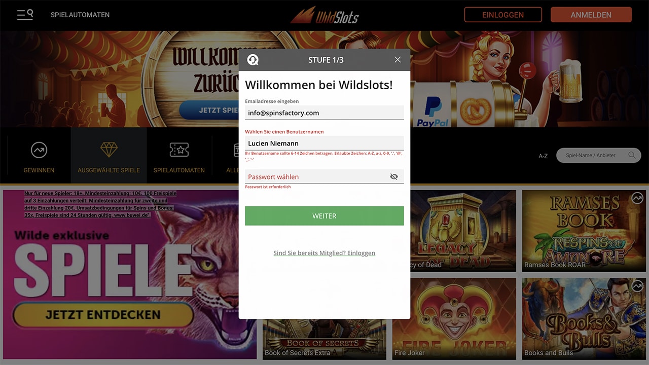 WildSlots Casino Registrierung