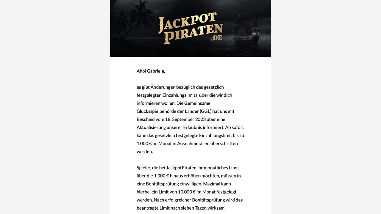 JackpotPiraten 10.000 Euro Einzahlungslimit