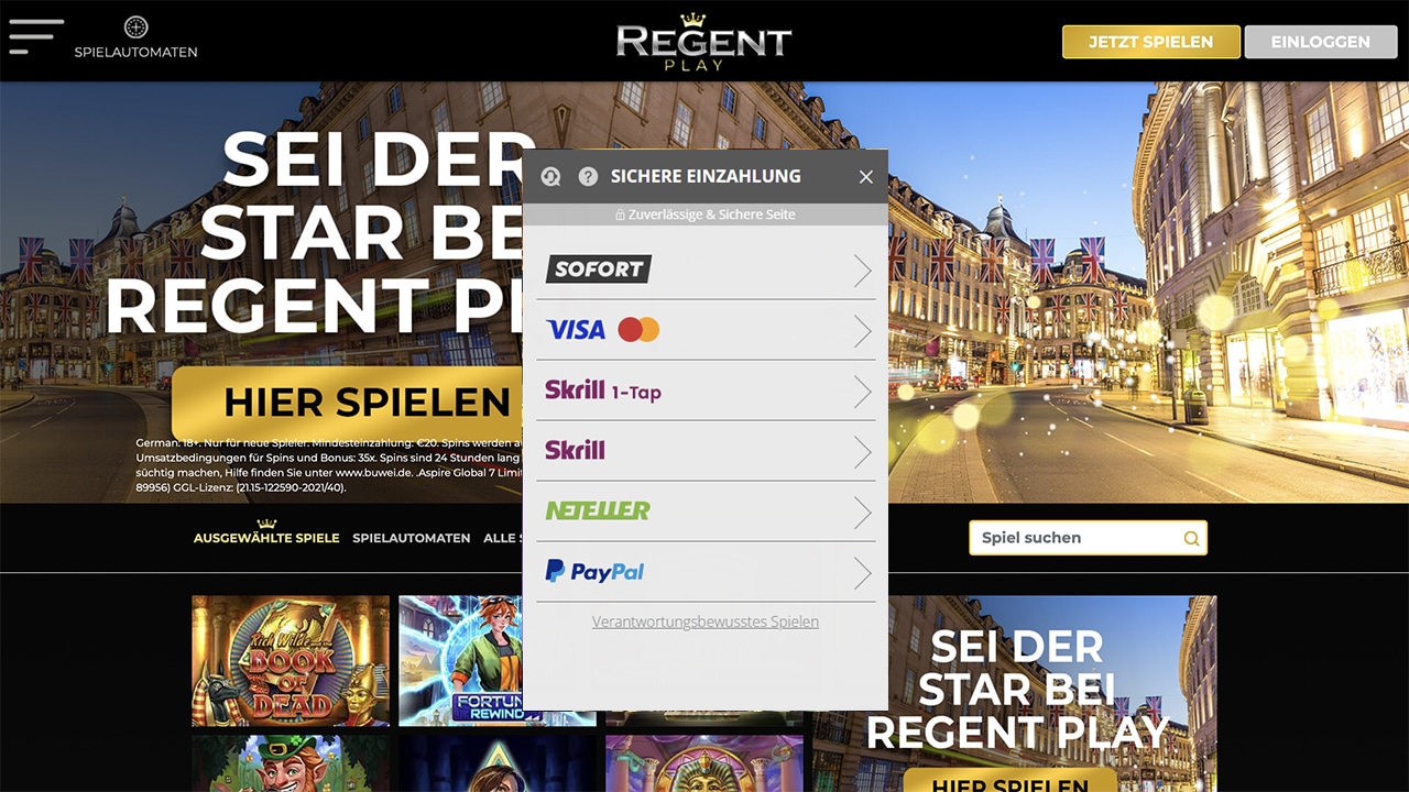 Regent Play Casino Bonus aktivieren mit Einzahlung