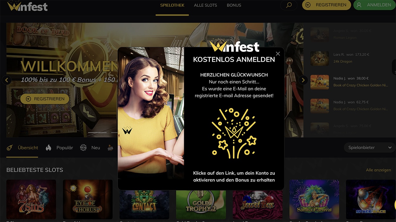 Winfest Casino 50 Freispiele ohne Einzahlung einlösen