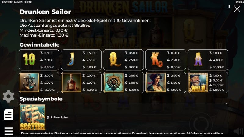 Auszahlungstabelle Drunken Sailor Spielautomat