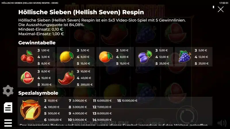 Auszahlungstabelle H&ouml;llische Sieben Respin Spielautomat