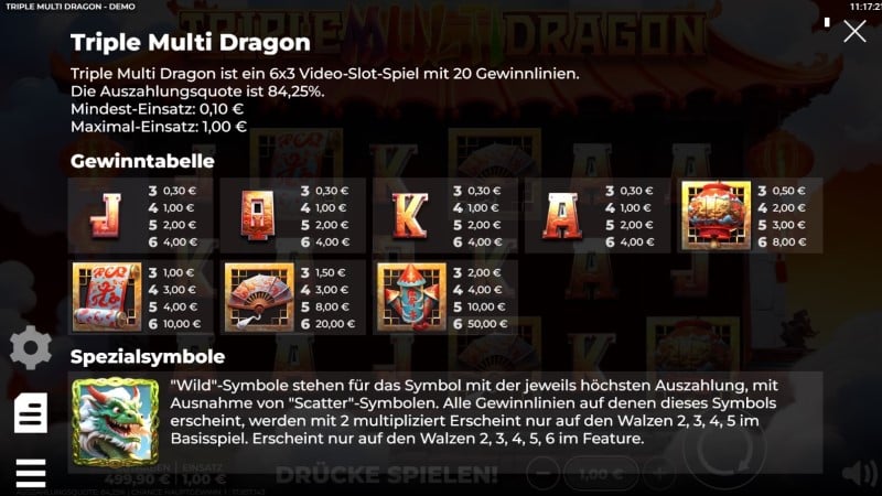 Auszahlungstabelle Triple Multi Dragon Spielautomat