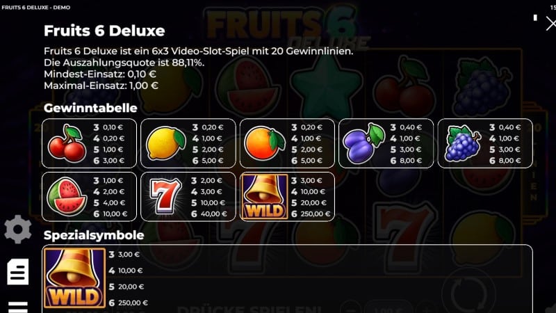 Auszahlungstabelle Fruits 6 Deluxe Spielautomat
