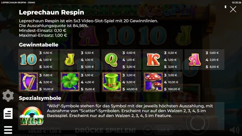Auszahlungstabelle Leprechaun Respin Spielautomat