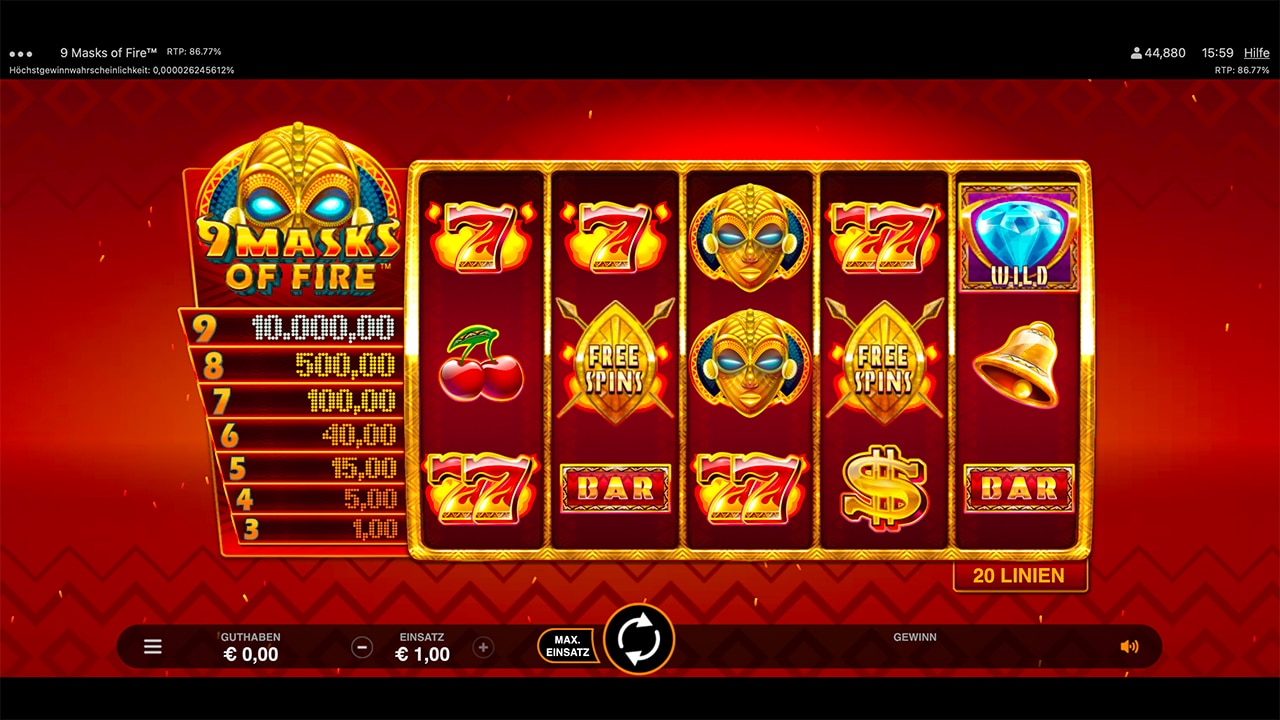 Um den 9 Masks of Fire 10000 Euro Jackpot mit 1 Euro online spielen