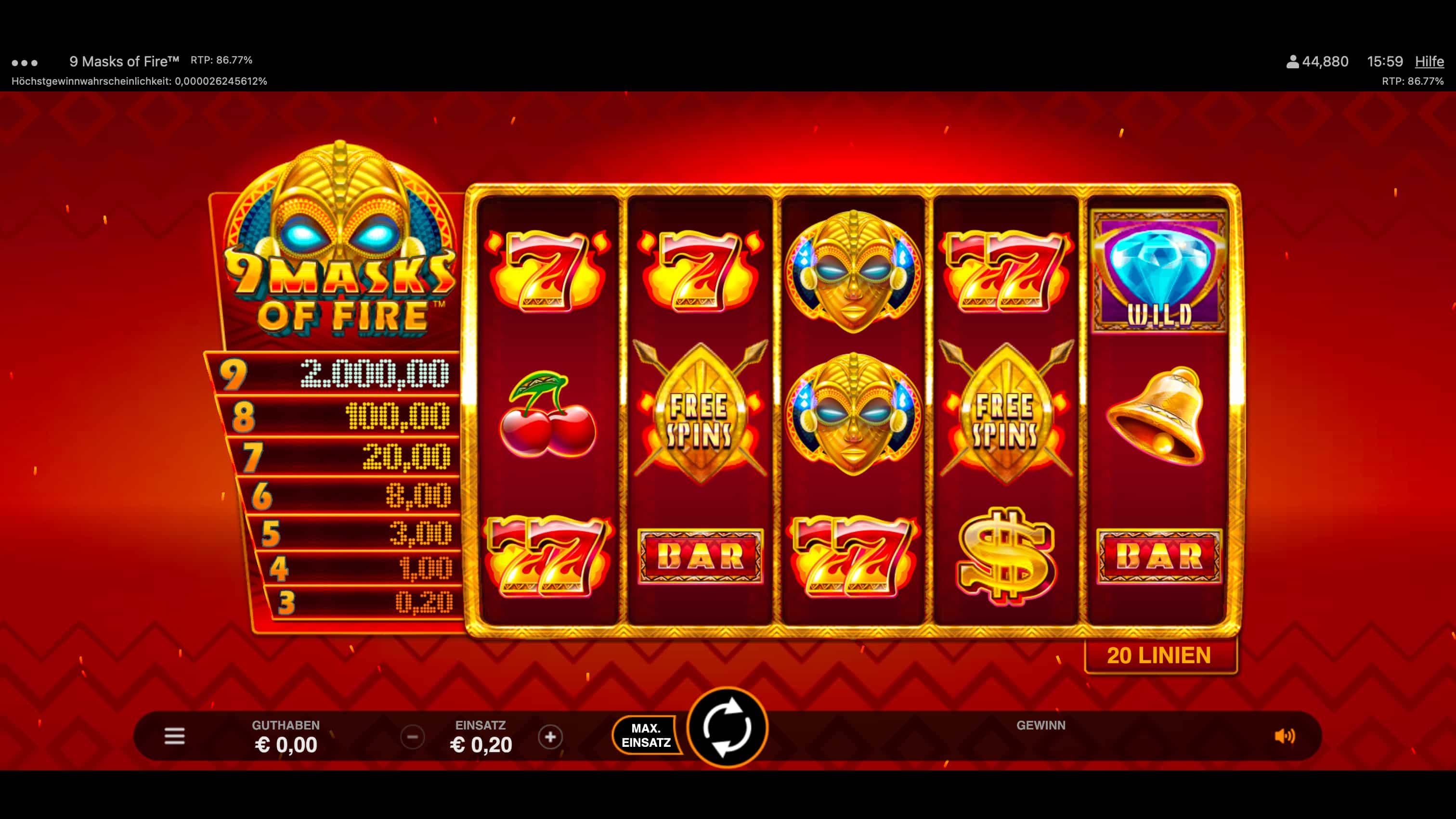 Um den 9 Masks of Fire Jackpot mit 20 Cent online spielen