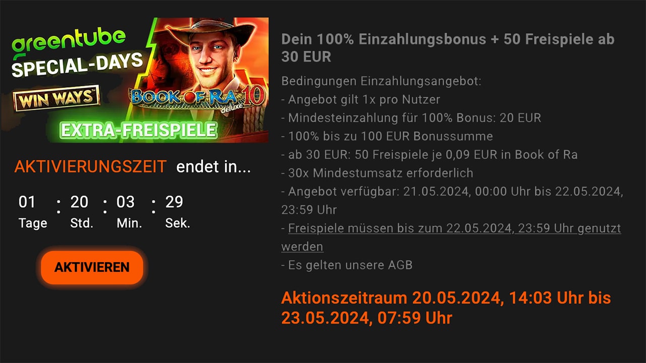Greentube Special-Days: NOVOLINE.de 100 Euro Bonusgeld + 50 Freispiele Book of Ra