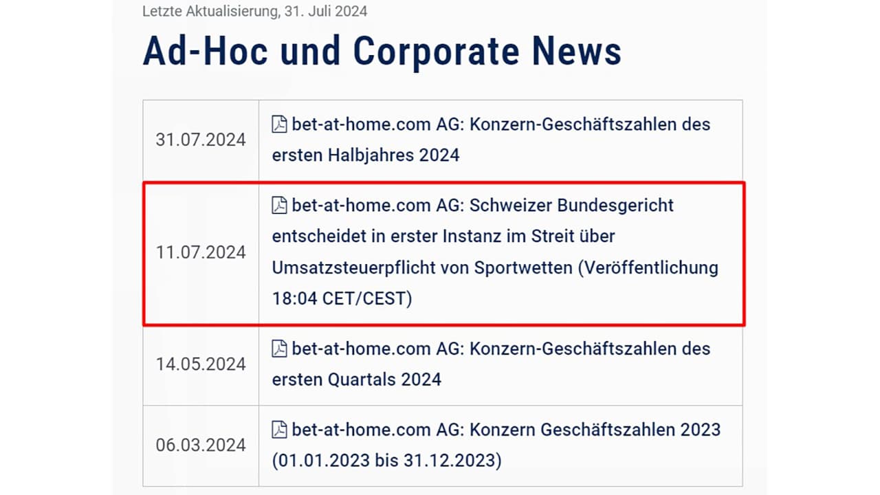 bet-at-home AG vor dem Schweizer Bundesgericht wegen Sportwetten Umsatzsteuer