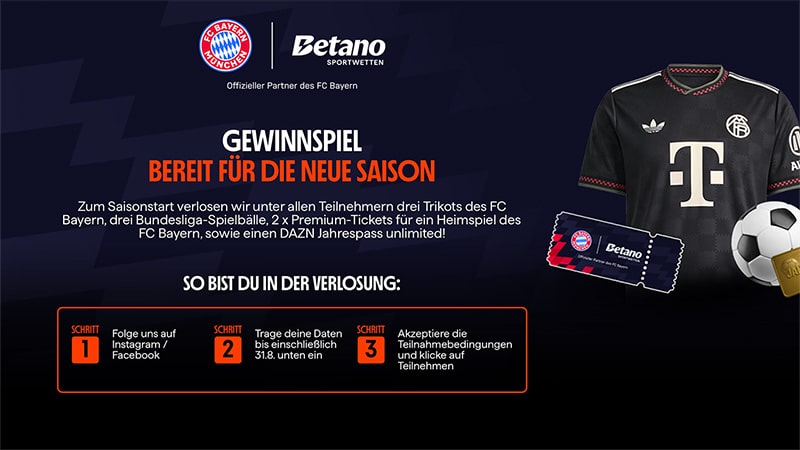 Betano Gewinnspiel mit Bayern München, DAZN plus Gratis-Freispiele! Betano Gewinnspiel mit Bayern München, DAZN plus Gratis-Freispiele!