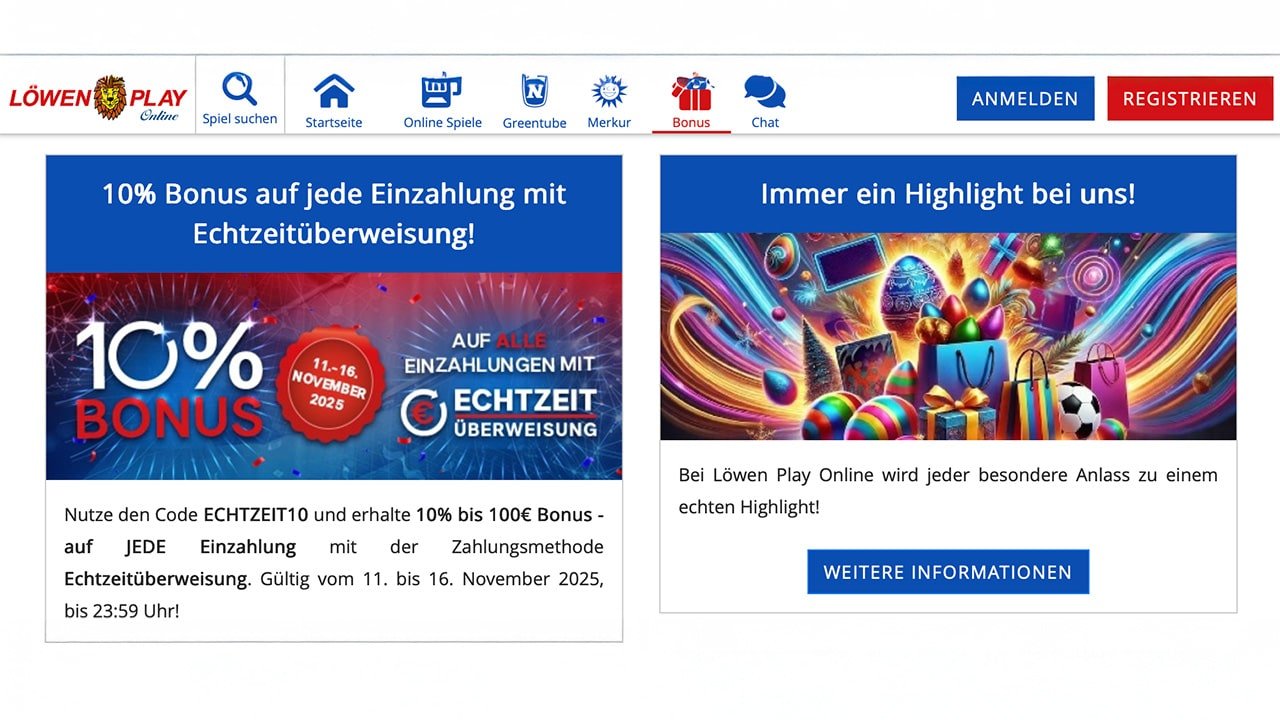 L&ouml;wen Play Echtzeit&uuml;berweisung Bonus Code