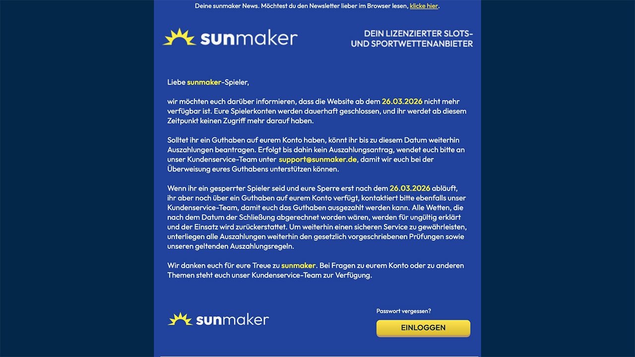 Screenshot Sunmaker geschlossen Mail