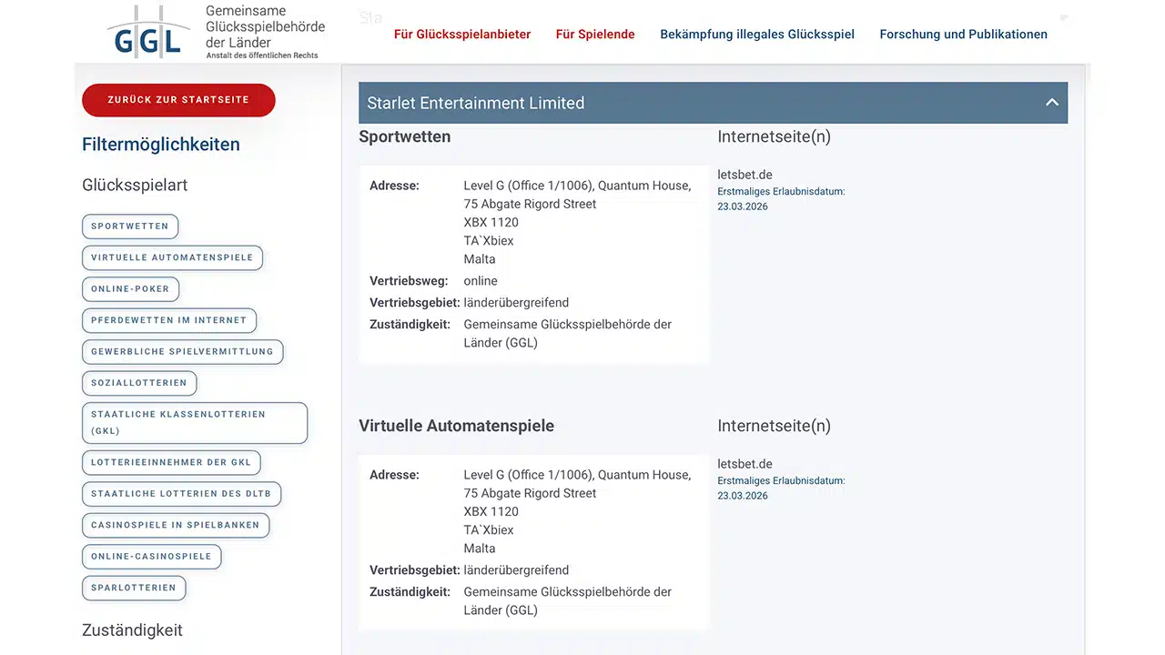 Starlet Entertainment Limited LetsBet GGL Lizenz